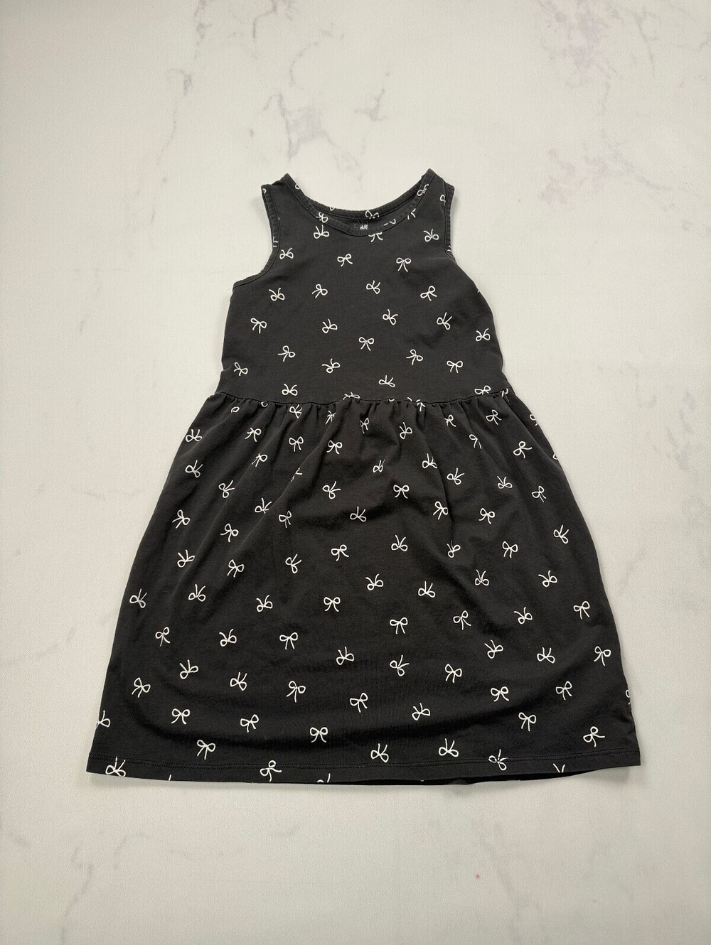 H&M Bow Print Midi Dress Black 2010s Minimalist Feminine - Girls 8/10